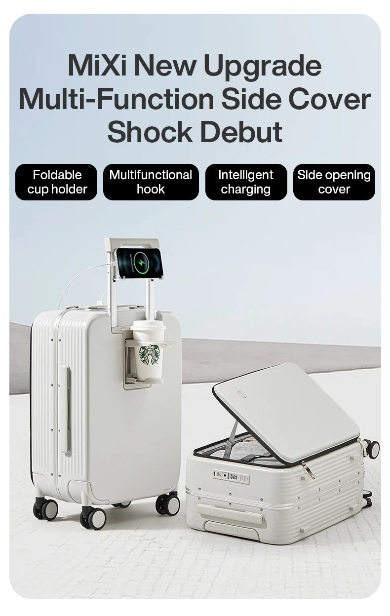 Aluminum Frame Carry-On Suitcase - USB Port, Cup & Phone Holder 20/24 Inch