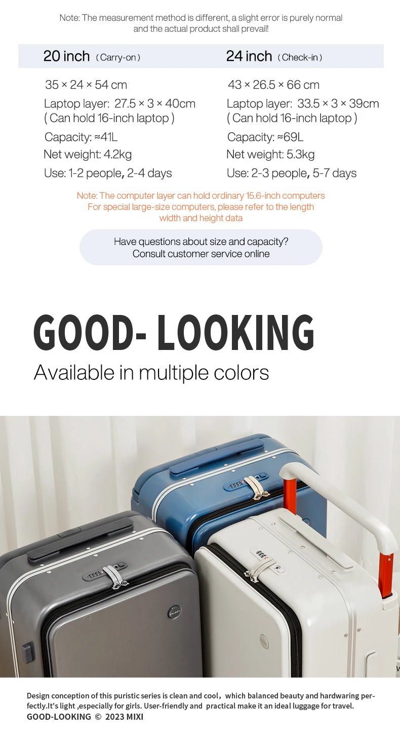 20-inch PC & Aluminum Frame Hardshell Suitcase - Wide Handle Carry-On Luggage