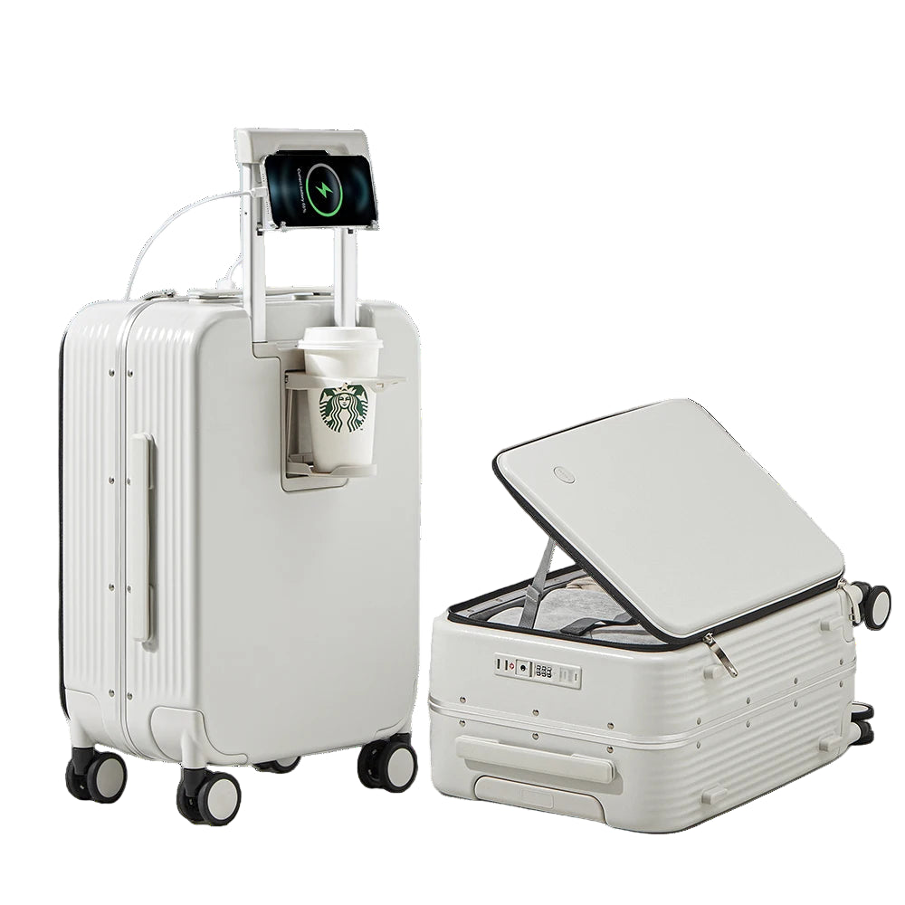 Aluminum Frame Carry-On Suitcase - USB Port, Cup & Phone Holder 20/24 Inch