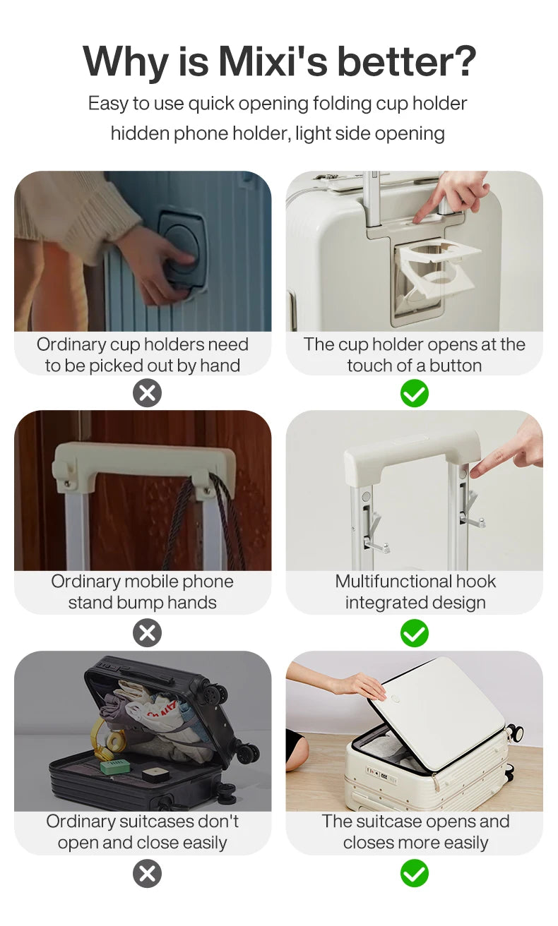 Aluminum Frame Carry-On Suitcase - USB Port, Cup & Phone Holder 20/24 Inch