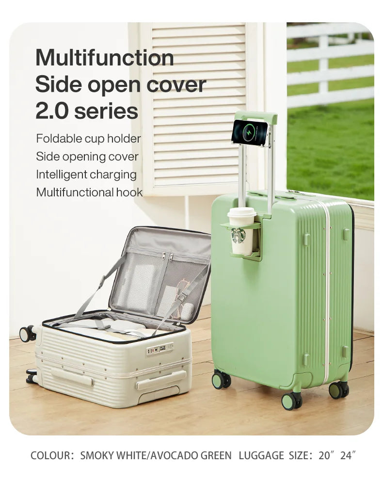 Aluminum Frame Carry-On Suitcase - USB Port, Cup & Phone Holder 20/24 Inch