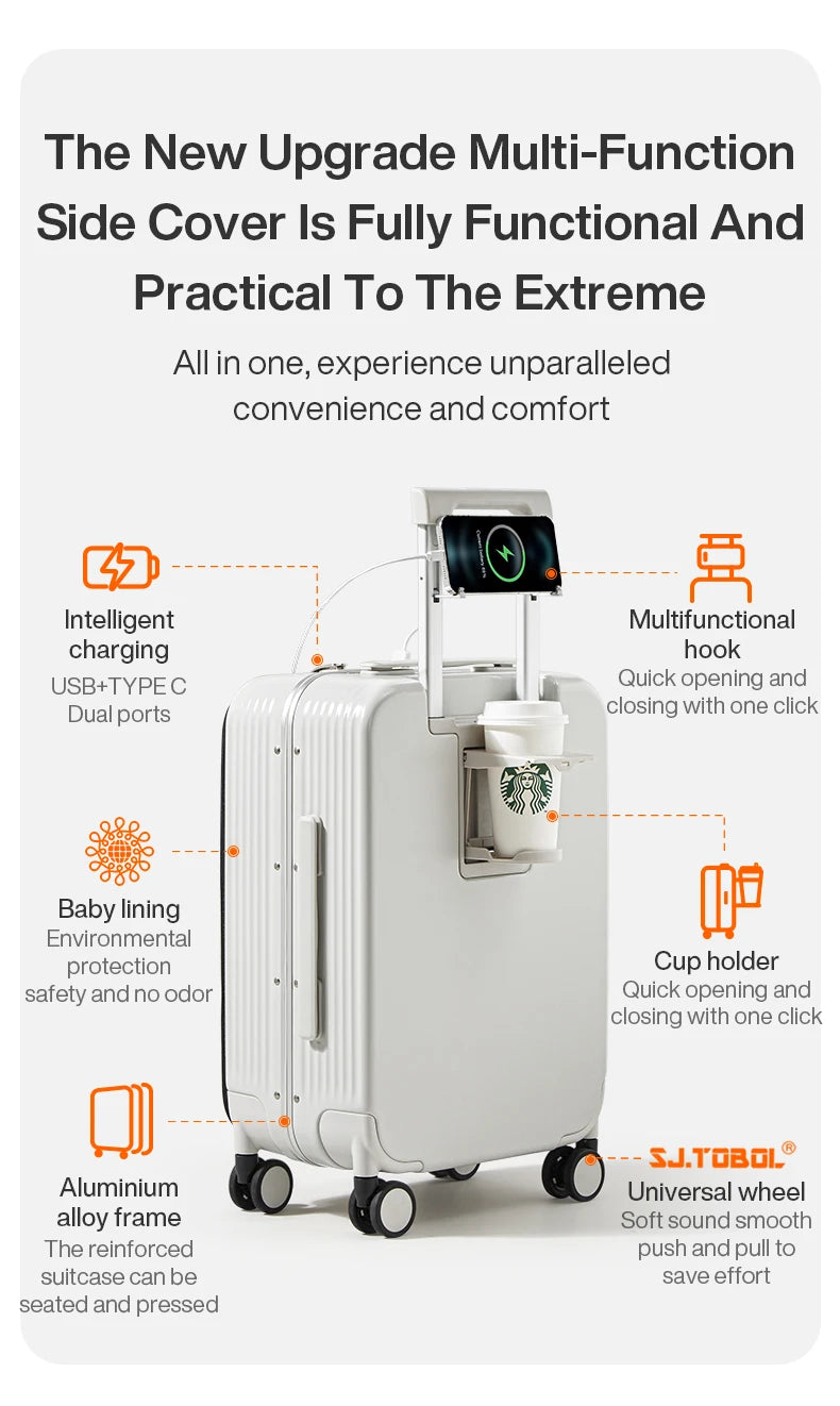 Aluminum Frame Carry-On Suitcase - USB Port, Cup & Phone Holder 20/24 Inch