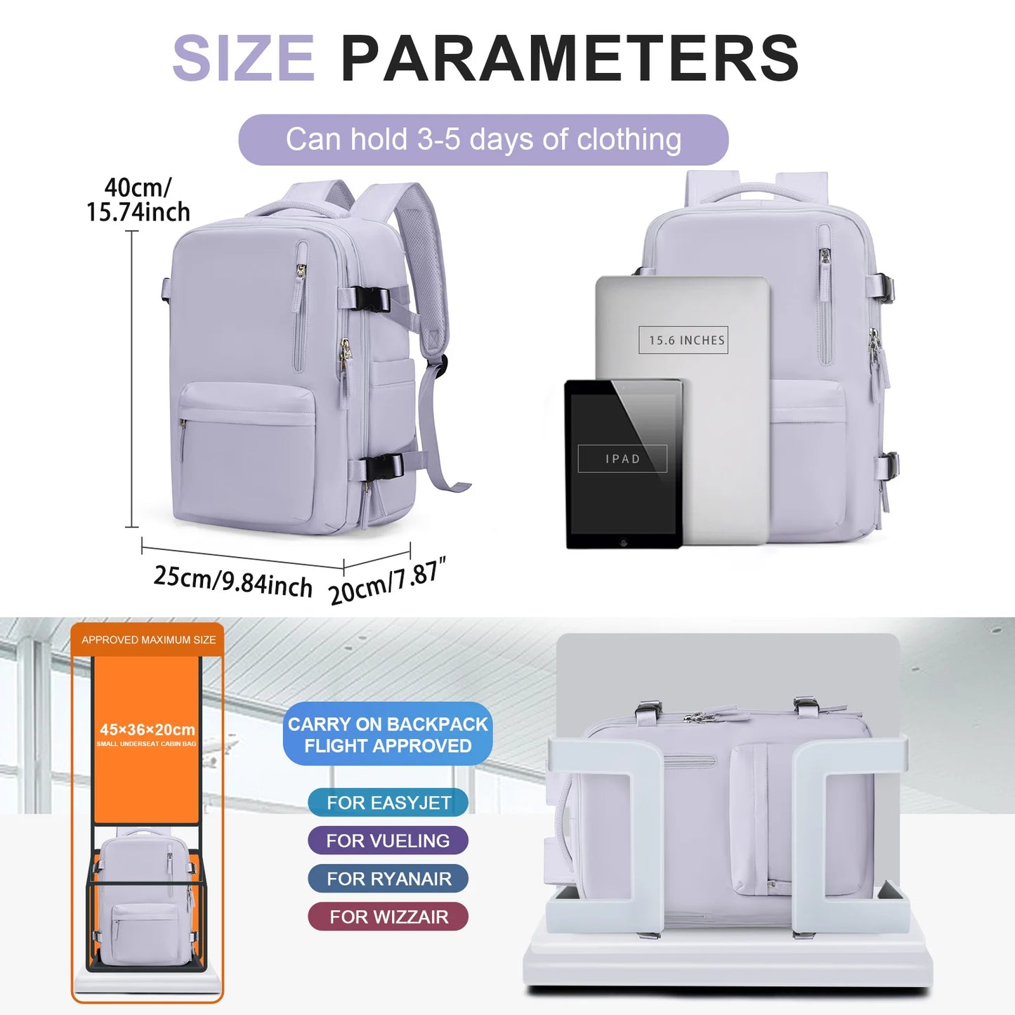 Travel Backpack Cabin Bag, Ryanair Backpack 40x20x25 Carry-Ons, Men Women 15.6 inch Laptop Backpack, Casual 40x28x17 Backpack