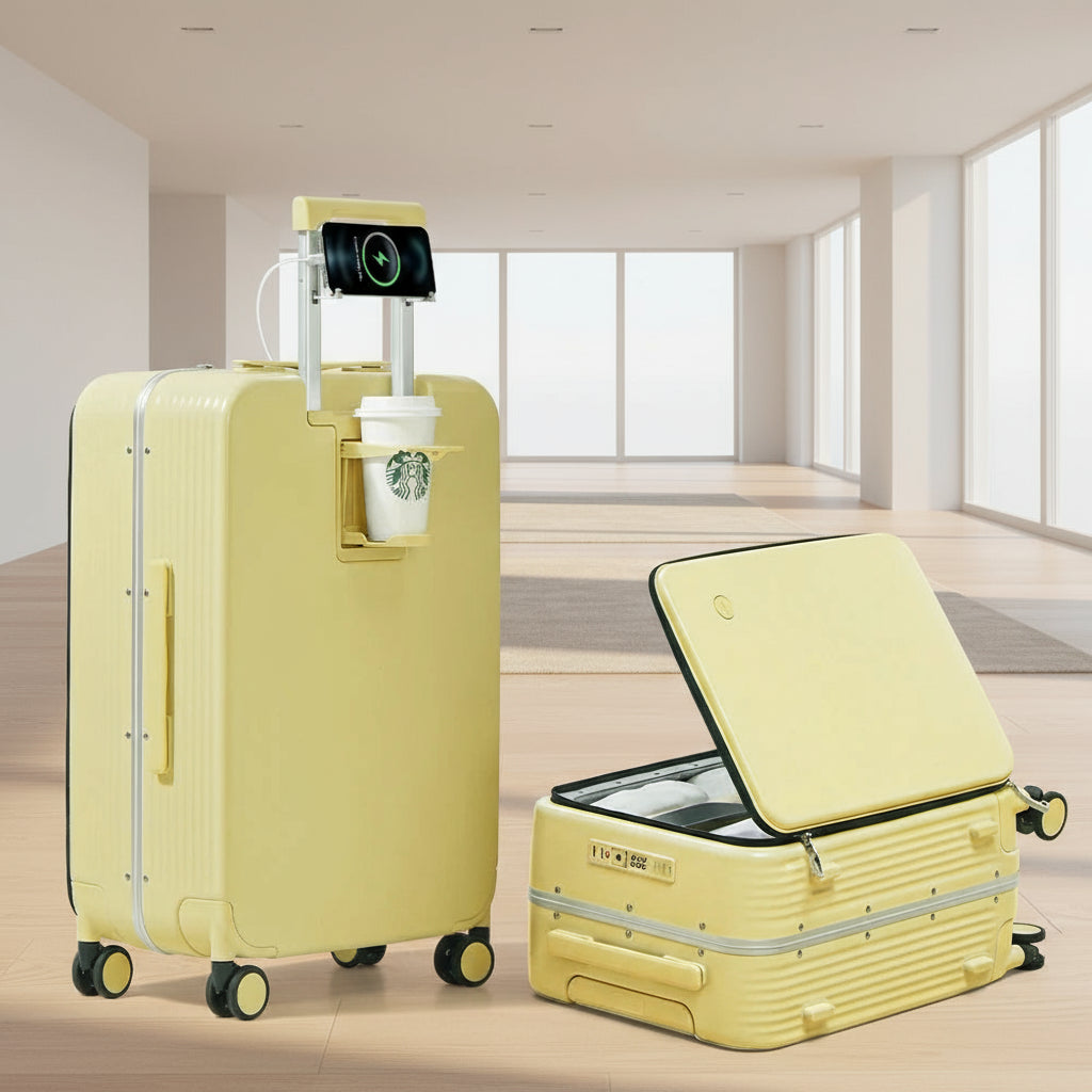 Aluminum Frame Carry-On Suitcase - USB Port, Cup & Phone Holder 20/24 Inch