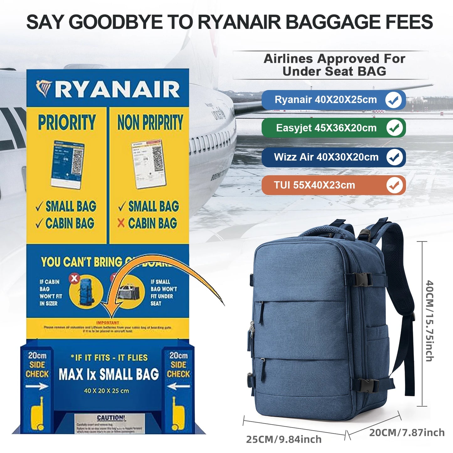 Ryanair Cabin Backpack 40x20x25 - 15.6" Laptop, Unisex, Casual
