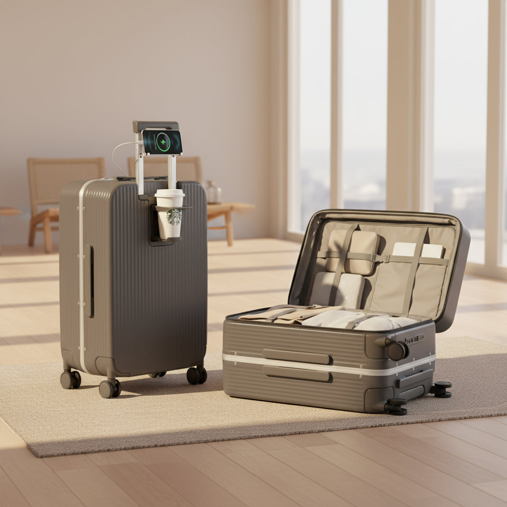 Aluminum Frame Carry-On Suitcase - USB Port, Cup & Phone Holder 20/24 Inch