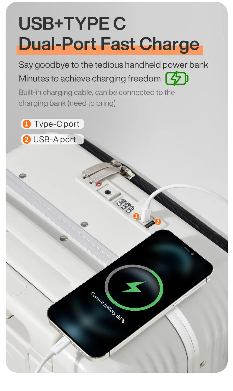 Aluminum Frame Carry-On Suitcase - USB Port, Cup & Phone Holder 20/24 Inch