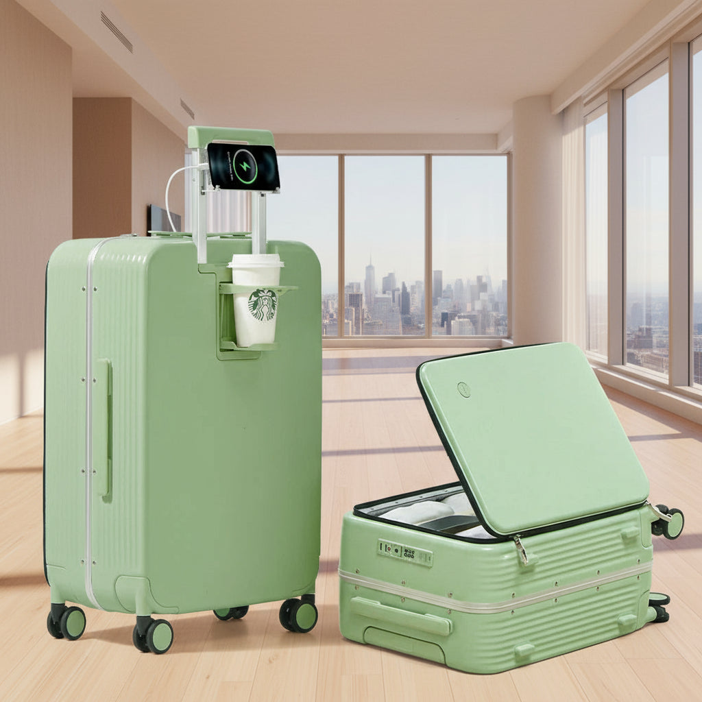 Aluminum Frame Carry-On Suitcase - USB Port, Cup & Phone Holder 20/24 Inch