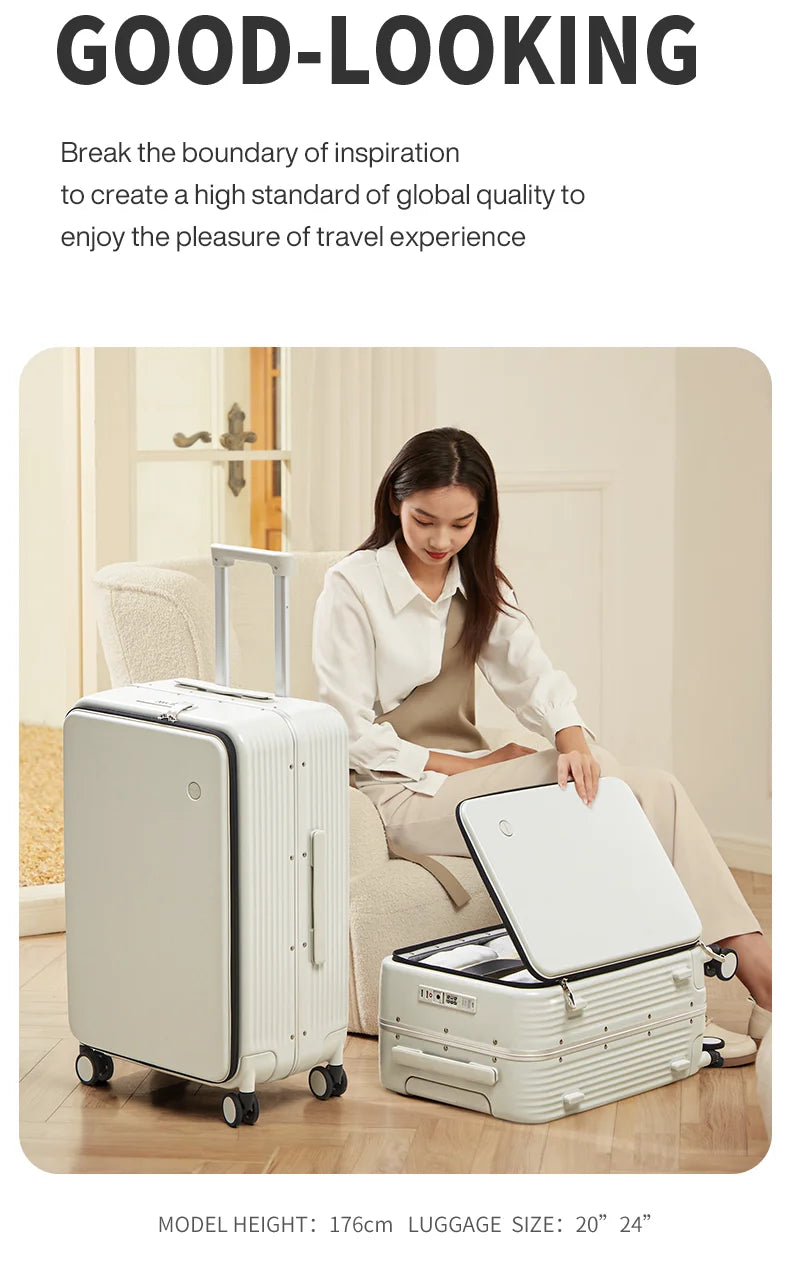 Aluminum Frame Carry-On Suitcase - USB Port, Cup & Phone Holder 20/24 Inch