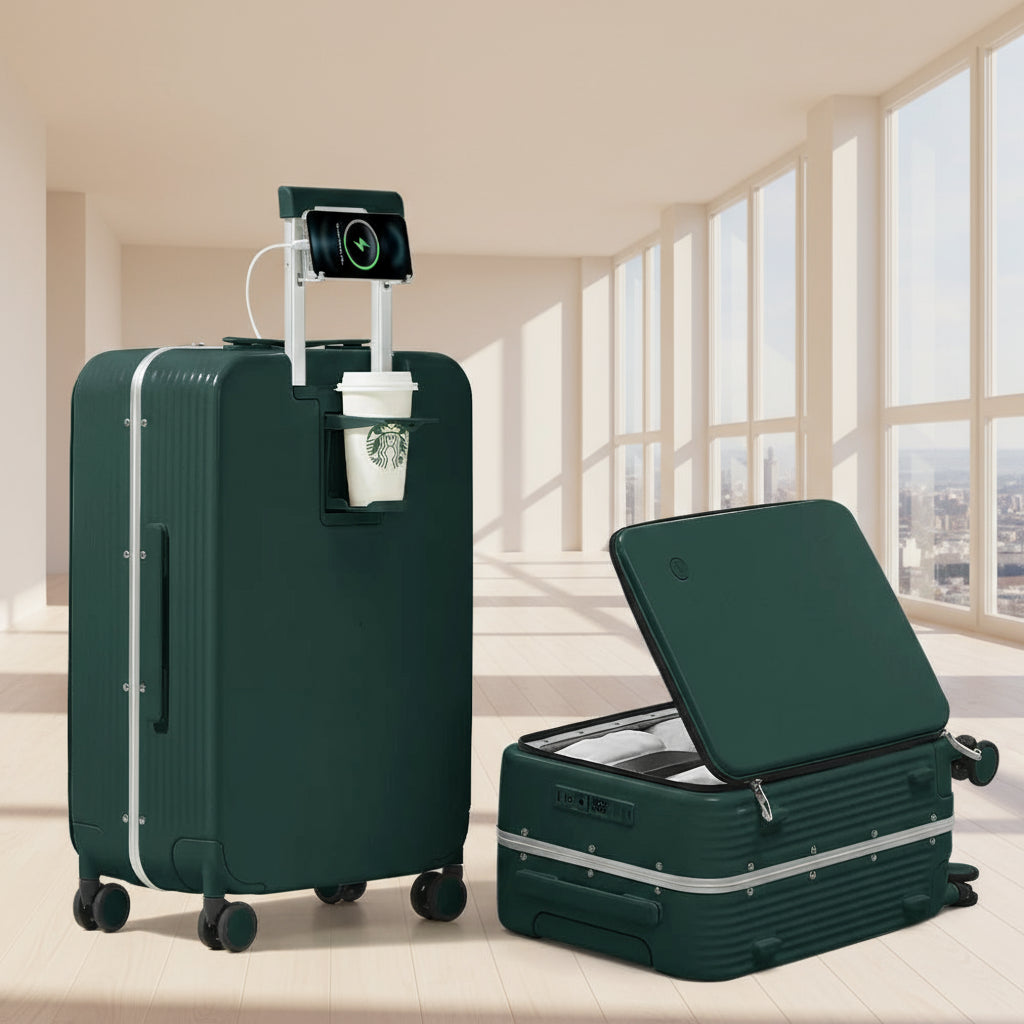Aluminum Frame Carry-On Suitcase - USB Port, Cup & Phone Holder 20/24 Inch